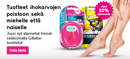 Klikattava banneri, jossa on teksti: Tuotteet ihokarvojen poistoon sekä miehelle että naiselle Juuri nyt alennetut hinnat valikoimalla Gillette-tuotteita!