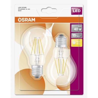 OSRAM LED pære E27 4W 2700K 470 lumen 2-pakning 4052899415294 Modsvarer: N/A