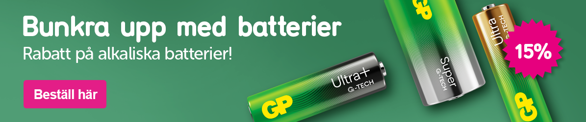 Banner med texten: Bunkra upp med batterier Rabatt på alkaliska batterier! 