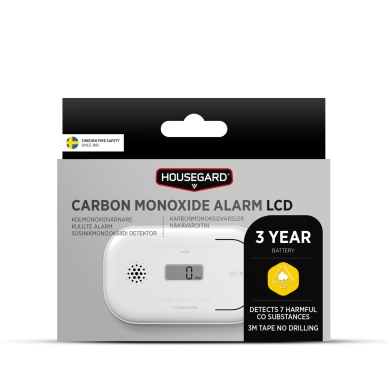 Housegard CA108 kolmonoxidlarm, LCD-display, 3 års batteri