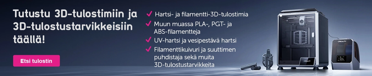 Tutustu 3D-tulostimiin ja 3D-tulostustarvikkeisiin täällä! – Hartsi- ja filamentti-3D-tulostimia – Muun muassa PLA-, PGT- ja ABS-filamentteja   – UV-hartsi ja vesipestävä hartsi – Filamenttikuivuri ja suuttimen puhdistaja sekä muita 3D-tulostustarvikkeita