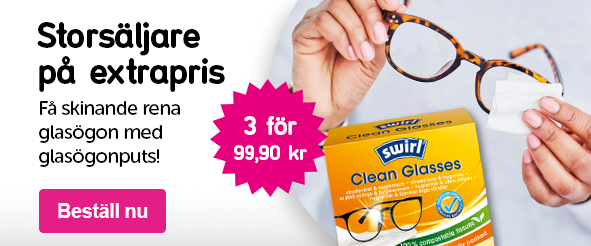 Banner med texten: Storsäljare på extrapris Få skinande rena glasögon med glasögonputs!  