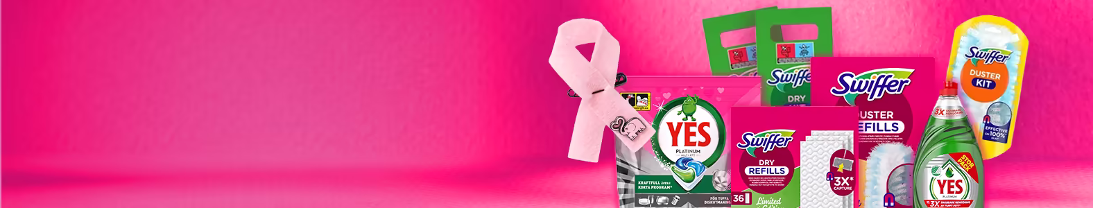 Rosa band-pin samt produkterna Yes Platinum diskmaskinstabletter, Swiffer Duster Refills, Swiffer Dry Refills och en flaska Yes diskmedel.