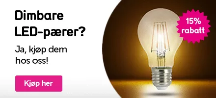 Klikkbar banner med teksten: Dimbare LED-pærer? Ja, kjøp dem hos oss!