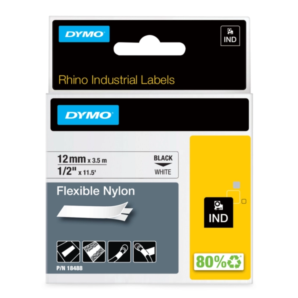 Dymo Tape Rhinopro Fleksibel Nylon 12mm Svart/hvit