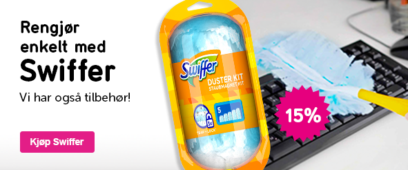 Klikkbar banner med teksten: Rengjør enkelt med Swiffer Vi har også tilbehør! 