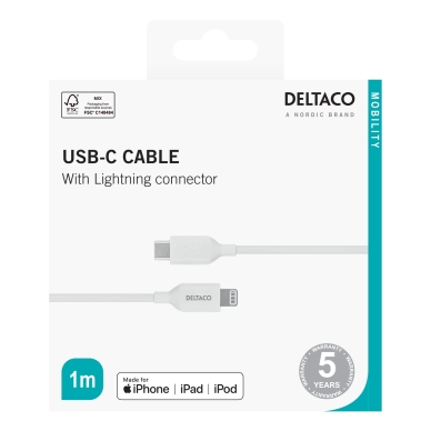 DELTACO alt Deltaco Laddningskabel USB-C till Lightning, 1 m, vit