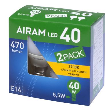 AIRAM alt LED-pære E14 4,9W 2700K 470 Lumen 2-Pakning globe