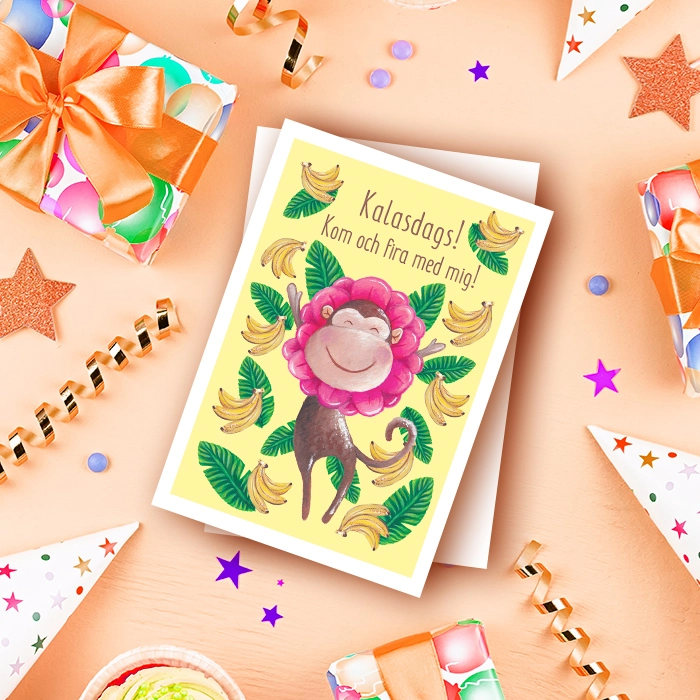 Gult inbjudningskort till barnkalas med apor och bananer