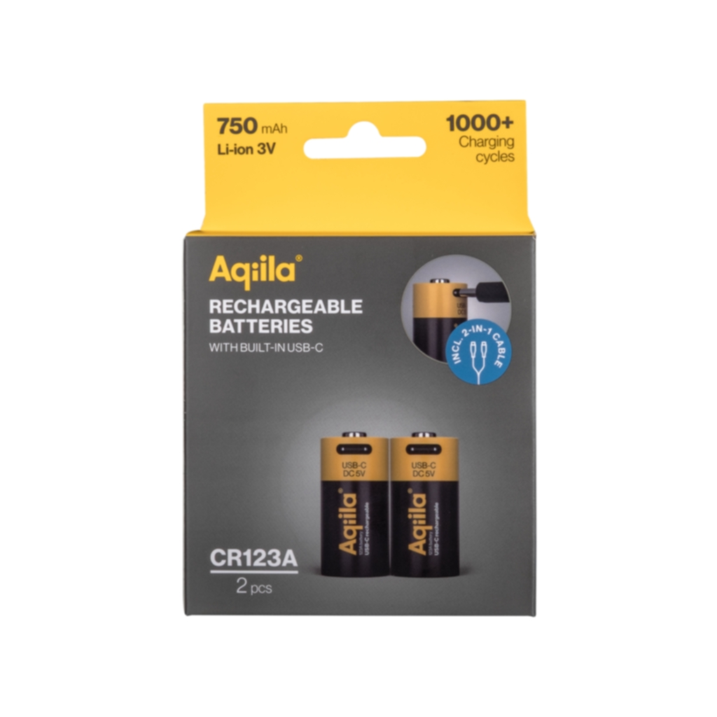 Aqiila Laddningsbar USB-C Batteri CR123A 750mAh 2-pack