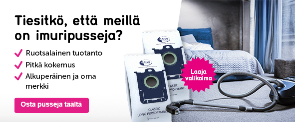 Banneri, jossa on teksti: Tiesitkö, että meillä on imuripusseja? - Ruotsalainen tuotanto - Alkuperäinen ja oma merkki - Pitkä kokemus 