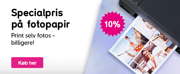 Banner med teksten: Specialpris på fotopapir Print selv fotos - billigere! 