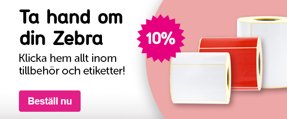 Banner med texten: Ta hand om din Zebra Klicka hem allt inom tillbehör och etiketter! 