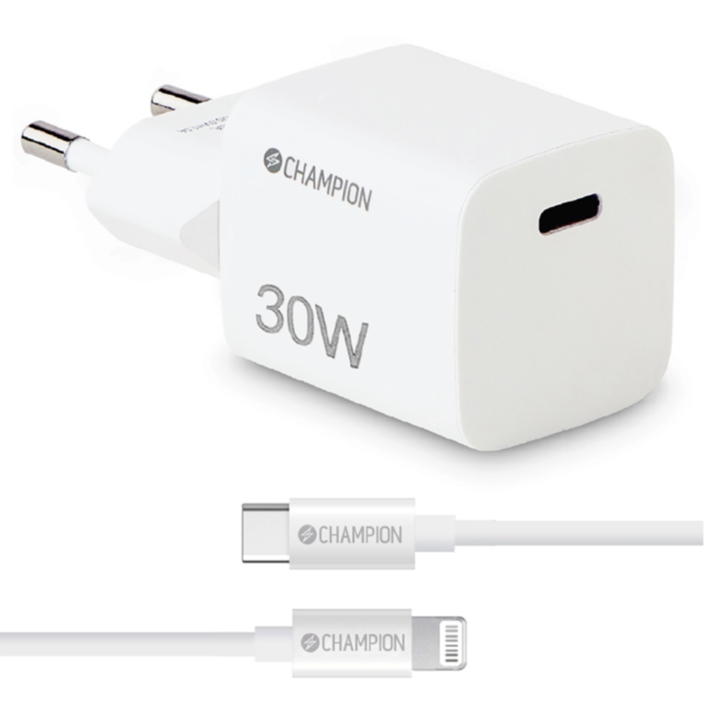 Champion Laddare 30W + USB-C till Lightning, vit