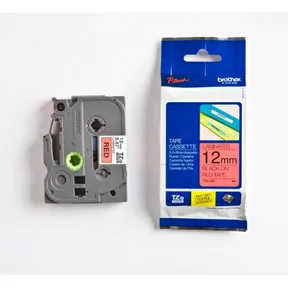 12 mm tape, svart tekst på rød, laminert, 8 m