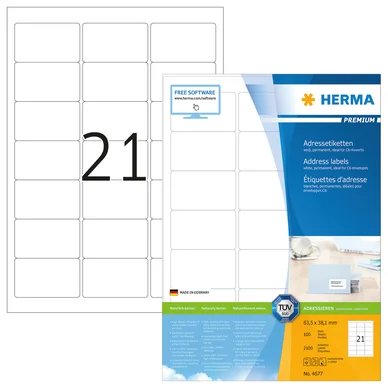 HERMA Premium - Papir - mat - permanent selvklæbende - hvid - 63.5 x 38.1 mm 2100 etikette(r) (100 ark x 21) laminerede adressemærkater