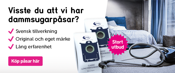 Banner med texten: Visste du att vi har dammsugarpåsar? - Svensk tillverkning - Original och eget märke - Lång erfarenhet 