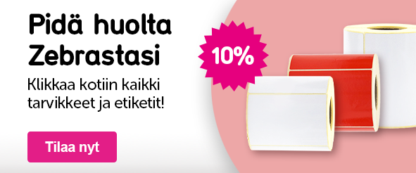 Banneri, jossa on teksti: Pidä huolta Zebrastasi Klikkaa kotiin kaikki tarvikkeet ja etiketit! 