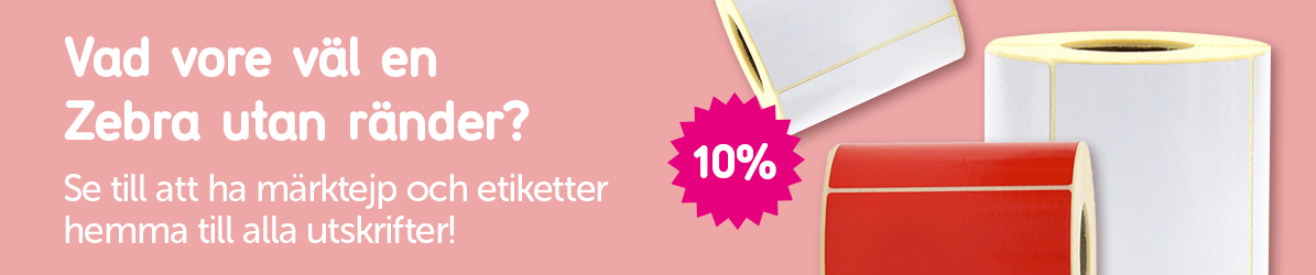 Banner med texten: Vad vore väl en Zebra utan ränder? Se till att ha märktejp och etiketter hemma till alla utskrifter! 