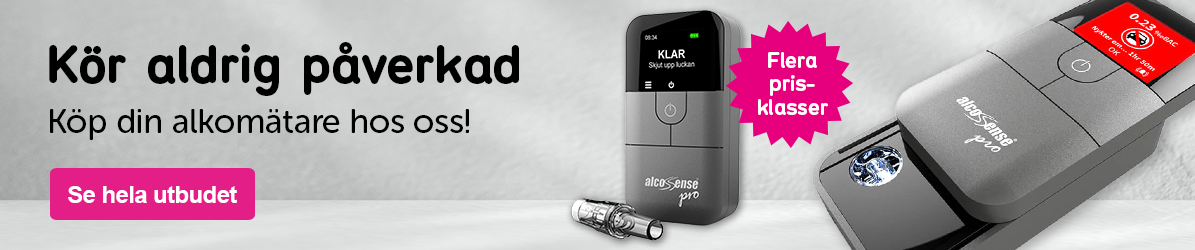 Banner med texten: Kör aldrig påverkad Köp din alkomätare hos oss! 