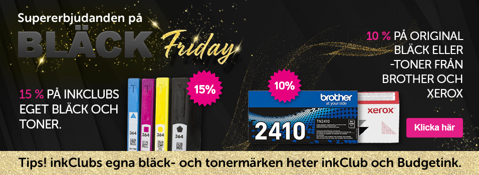 Klickbar banner med texten: Supererbjudanden på Bläck Friday! 15 % PÅ INKCLUBS EGET BLÄCK OCH TONER CTA: Klicka här Splash: 15%	Tips! inkClubs egna bläck- och tonermärken heter inkClub och Budgetink. 10 % PÅ ORIGINALBLÄCK OCH -TONER FRÅN BROTHER OCH XEROX