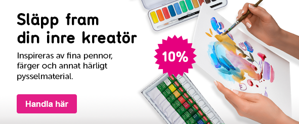 Banner med texten: Släpp fram din inre kreatör Inspireras av fina pennor, färger och annat härligt pysselmaterial. 