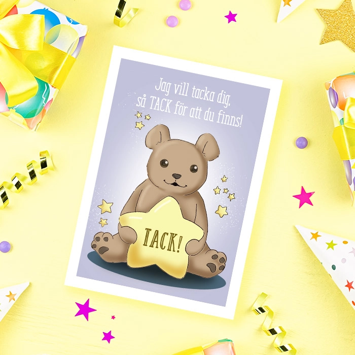 Ett tackkort med en nalle som kramar en stjärna med texten tack, liggandes på en gul bakgrund