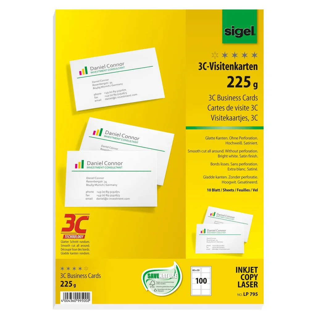 Visitkort 3C 225gr bright white 100 st
