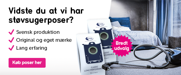 Banner med teksten: Vidste du at vi har støvsugerposer? - Svensk produktion - Original og eget mærke - Lang erfaring 