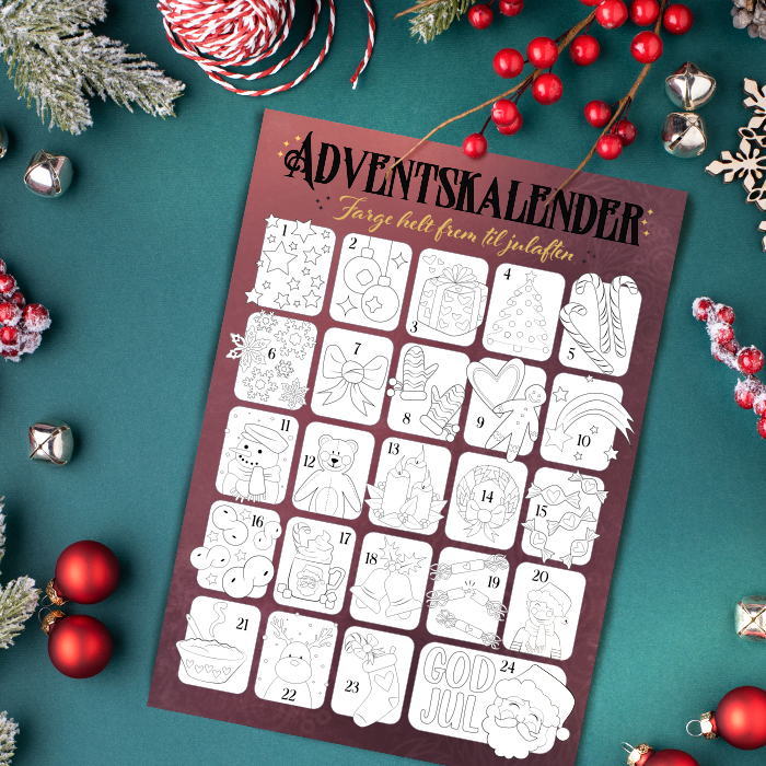 Et maleark med et bilde av en adventskalender, liggende på en julebakgrunn
