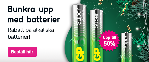 Klickbar banner med texten: Har du batterier? De kommer behövas till advent, lucia och jul. Bunkra upp, så dina prylar funkar till allt kul!