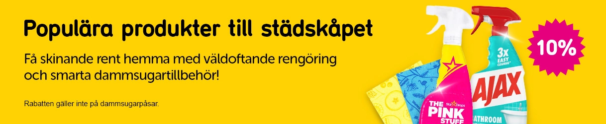 Klickbar banner med texten: Populära produkter till städskåpet Få skinande rent hemma med väldoftande rengöring och smarta dammsugartillbehör!