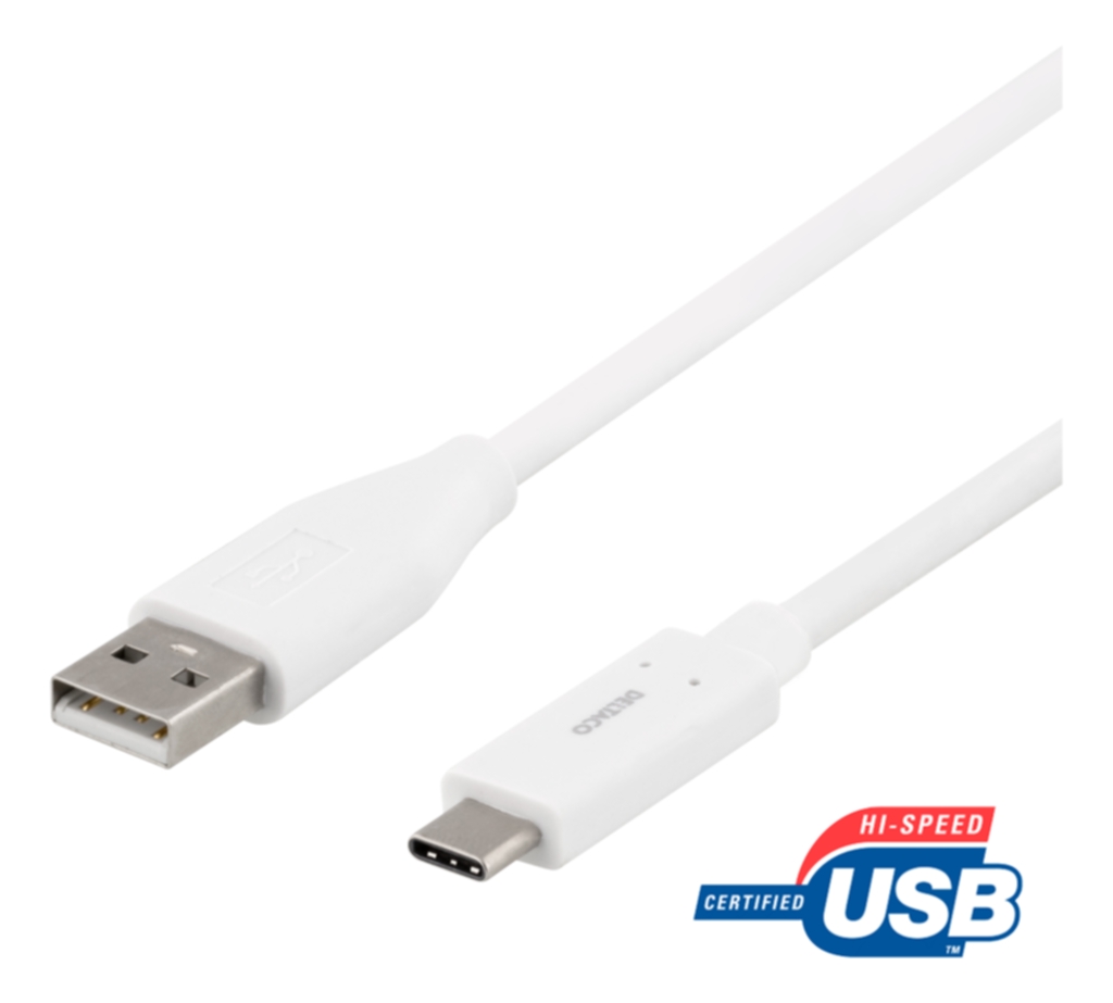 USB 2.0 kabel, Typ A - Typ C ha, 1,5m, vit