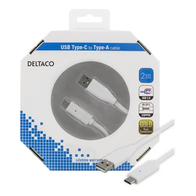 DELTACO USB-Kabel 2.0, USB-C - USB-A, 2 meter, vit