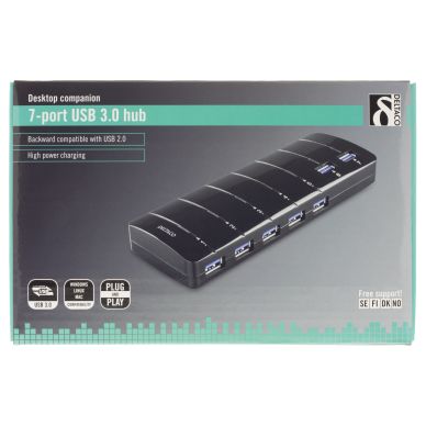 DELTACO alt DELTACO USB 3.0 hub, 7xType A hun, AC-adapter medfølger,sort