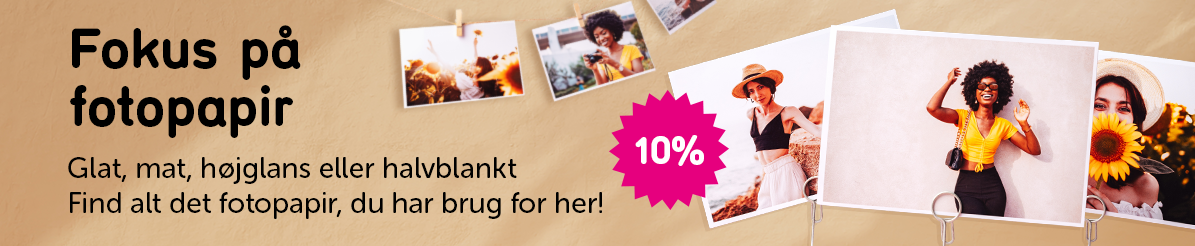 Banner med teksten: Fokus på fotopapir Glat, mat, højglans eller halvblankt  Find alt det fotopapir, du har brug for her! 
