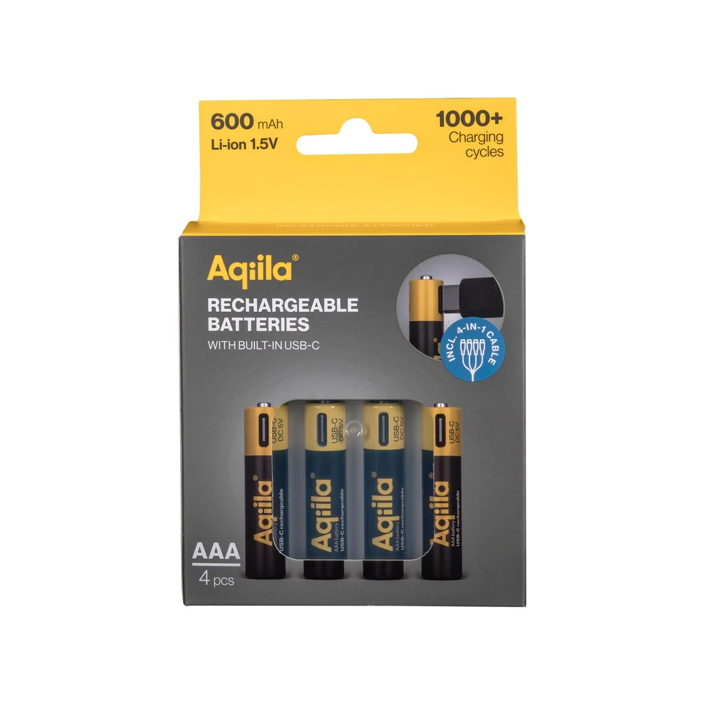 Aqiila Laddningsbar USB-C Batteri AAA 1,5V 600mAh 4-pack