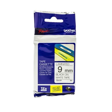 Brother 9mm teippi, musta teksti valk.pohja, laminoitu,vahva liima , TZE221 Vastaa: N/A